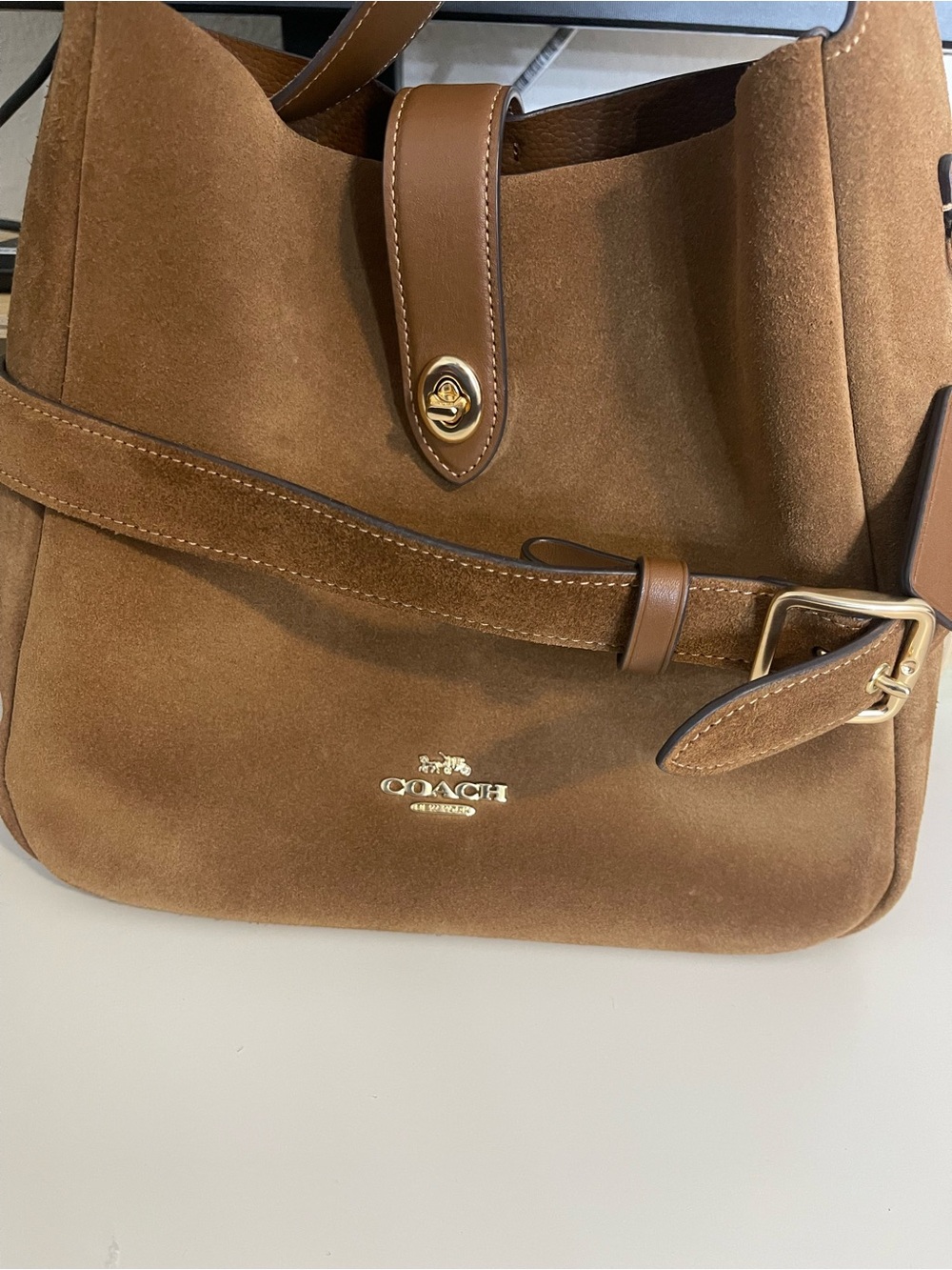Coach Hadley Suede Shoulder Bucket Bag in Brown with Gold Hardware